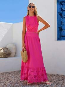 Vivid Eden Women's Sleeveless Shirt With Floral Lace Trim And Textured Pattern, Casual Vacation Wear For Spring/Summer - Yellow - View 5