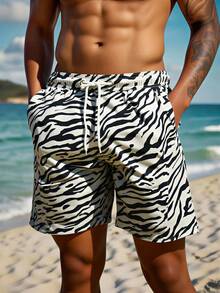 Manfinity VDAYZ 男士时尚休闲度假斑马纹抽绳腰沙滩短裤，夏季 - 藍色 - 查看 3