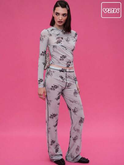 COUREZ 碎花低腰喇叭网纱裤 / Y2K 出门穿搭 秋季女装 秋季服装 可爱冬季女装 哥特夜店装扮 性感女装