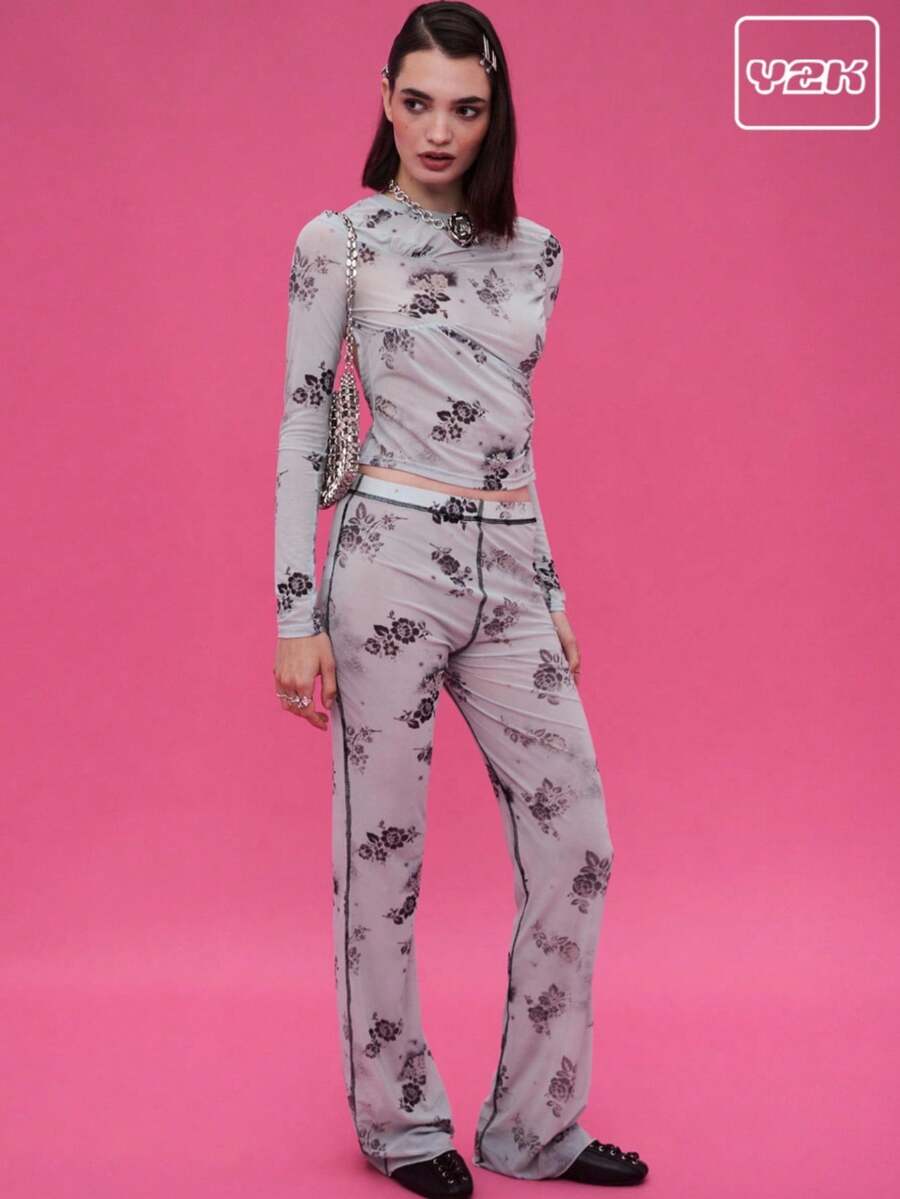 COUREZ 碎花低腰喇叭网纱裤 / Y2K 出门穿搭 秋季女装 秋季服装 可爱冬季女装 哥特夜店装扮 性感女装 - 淺藍色 - 查看 1