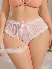 DelicateAllure Plus Size Lace Patchwork Ruffled Bowknot Sheer Hazy Cute Sexy Babydoll Panties, Pink - Pink - View 4