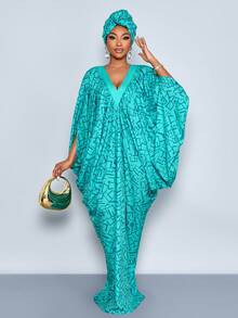 SOLERSUN Plus-Size Spring/Summer New Arrivals Color-Blocked Abstract Geometric Print V-Neck Pleated Design, Layered Cocoon Shape, O-Shaped Long Dress, Loose Fit, Suitable For Everyday Casual Wear, Gatherings, Dates, Valentine's Day, Cocktail Parties, Graduation Parties, Travel, Beach Vacations, New Year's Music Festivals, Carnivals, Wedding Season, Guest Attire, Sexy Middle Eastern Elegant Clothing, Simple And Fashionable Women's Clothing. - Blue - View 3