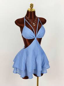 Amplova Đầm ngắn hở lưng cổ yếm màu trơn thời trang gợi cảm dành cho nữ - Màu xanh lam - Xem 5