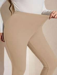 SHEIN LUNE 大码女式纯色保暖内衬休闲百搭通勤秋冬打底裤 - 杏色 - 查看 7