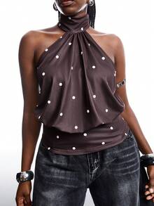 SHEIN EZwear Plus Size Women Casual Polka Dot Cropped Camisole Tank Top With Tie Back (Women) Brown Top Women Dark Brown Top Chocolate Brown Top, Summer Tops - Brown - View 1