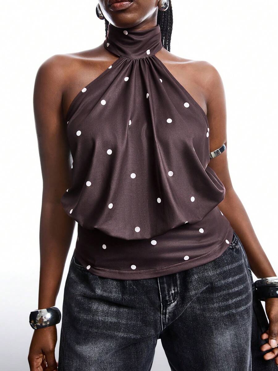 SHEIN EZwear Plus Size Women Casual Polka Dot Cropped Camisole Tank Top With Tie Back (Women) Brown Top Women Dark Brown Top Chocolate Brown Top, Summer Tops - Brown - View 1