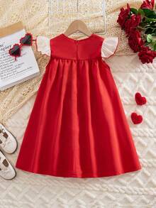 SHEIN 双色编织圆领荷叶边蝴蝶结休闲连衣裙 - 紅色 - 查看 11