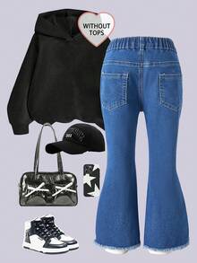 SHEIN Explorewe Quần jean denim ống loe ôm sát, rách nhẹ, màu xanh nhạt bạc màu, phong cách Y2K dành cho nữ. - Rửa tối - Xem 2