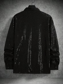 Manfinity AFTRDRK Plus Size Men's Solid Color Long Sleeve Sequin Single-Breasted Dress Shirt,Men Old Money,Daily Leisure, Weekend Trips, Outdoor Activities, Travel Expeditions, Relaxed Work Environments Or Semi-Formal Occasions, Boyfriend/Husband Gift, Anniversary /Birthday Gift Party Summer Vacation Holiday New Years Wedding,Gorgeous Party,Long-Sleeve Glitter Shirt - Black - View 2