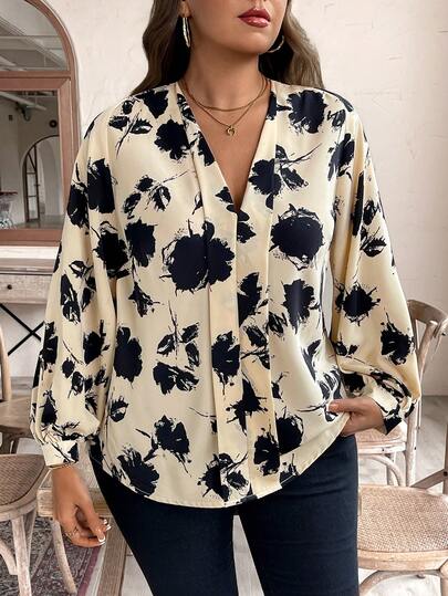 Breezaya Plus Size Women's Spring/Summer New Vintage Ink Print V-Neck Loose Casual Long Sleeve Blouse, Suitable For Daily Casual, Vacation, Commute, Office, Date