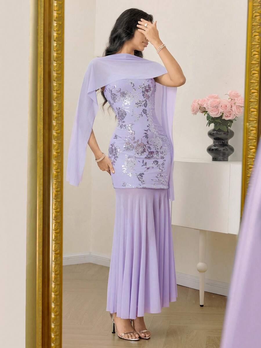 Modelyn Đầm dài nữ thanh lịch, thoải mái, lãng mạn, đính hạt, thêu ren, dáng ôm. - Màu tím - Xem 1