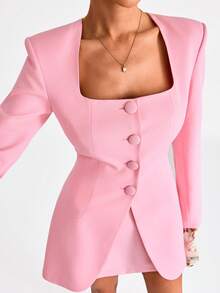 EURMUSE Chic Pink Two Pieces Suit Set – Long Sleeve Blazer, Covered Buttons, Lined Skirt With Side Zipper, Elegant & Modern Women's Outfit - Pink - View 4