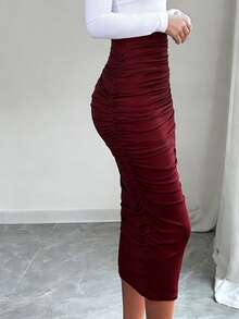 INAWLY Burgundy Ruched Bodycon Midi Skirt For Women Sexy Plain Polyester Pencil Dress Style - Burgundy - View 5