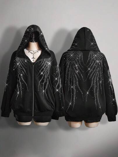 SHEIN ICON Plus Size Sexy Fashionable Avant-Garde Casual Individual Street Style Bold Millennial Y2K Gothic Wing Pattern Heavy-Duty Rhinestone Black Loose Hooded Cardigan