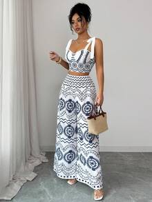 SHEIN Elenzya Women's Blue & White Placement Print Elegant Vacation 2 Pieces Set - Blue and White - View 5