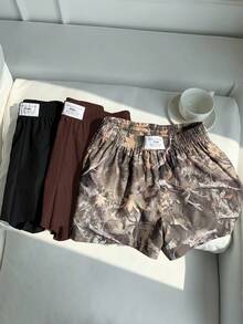 Comfortcana 女士夏季休闲通勤短裤三件套，纯色及树木印花，宽松版型 - 彩色 - 查看 3