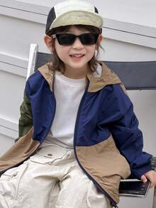 DAZY Young Boy Color Block Long Sleeve Loose Hooded Fashion Jacket Spring - Navy Blue - View 1