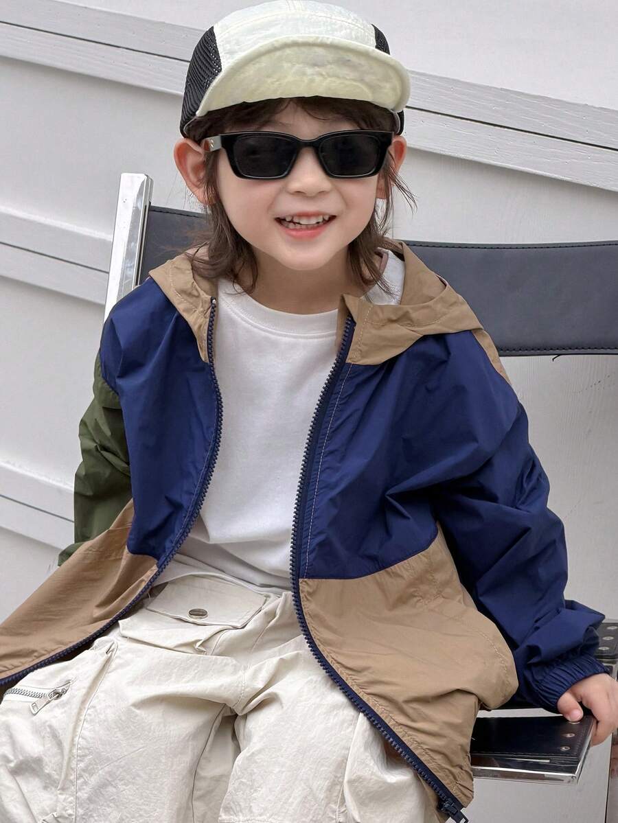 DAZY Young Boy Color Block Long Sleeve Loose Hooded Fashion Jacket Spring - Navy Blue - View 1