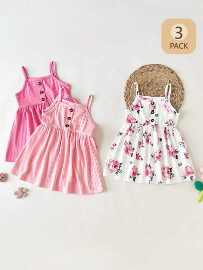 SHEIN 3pcs Baby Girl Knitted Fuchsia & Pink Floral Print Button Sleeveless Dress, Suitable For Summer Outings, Photo Shoots, Or Everyday Wear