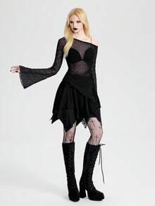 Breakform Women's Gothic Sexy Semi-Sheer Jacquard Knit Oblique Shoulder Side Ruched Tie-Up Asymmetric Hem Long Sleeve Fitted Top - Black - View 4