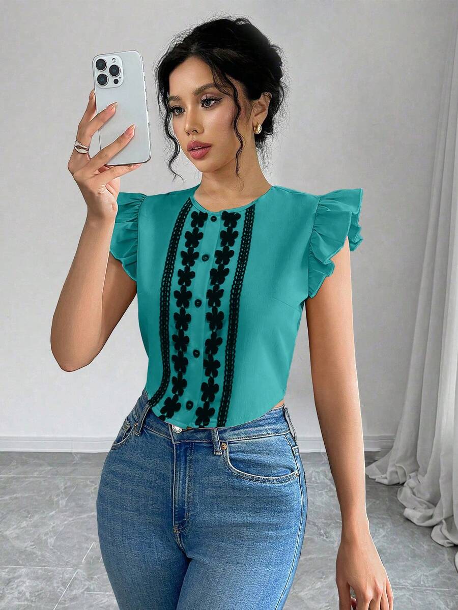 Chiquease Women's Woven Casual Holiday Summer Shirt - Teal Blue - View 1