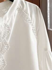 Resyla 蕾丝拼接长袖宽松纯色女式衬衫 - 白色 - 查看 5