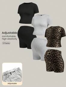 Modmama Setelan Kasual Ibu Hamil 3 Potong - Kaos Lengan Pendek Kerah Bulat dan Celana Pendek - MultiWarna - View 1