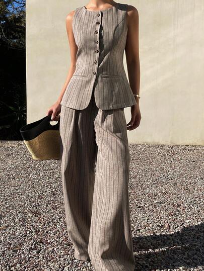 Livesso 2 piezas Conjunto de top casual de cuello redondo y pantalones de ajuste ceñido para mujer, otoño/invierno