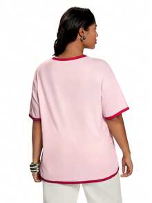 Solavibe Einfaches T-Shirt mit rundem Ausschnitt und kurzen Ärmeln in Große Größen - Pink - Übersicht 2