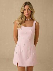 Enchnt 女士仿珍珠装饰甜心领无袖时尚迷你连衣裙 - 粉色 - 查看 3