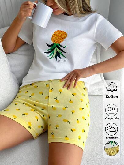 SHEIN Women 2pcs Cotton Pine Apple Patterned Short Sleeve Round Neck Shirt & Contrast Colour Pineapple Pattern Shorts Homewear Comfort Pajama Set Lounge Short Sets For Women Cotton Short Sets For Women Women Shorts Pajama Set Womens Short Sets Women Pjs Shorts Set