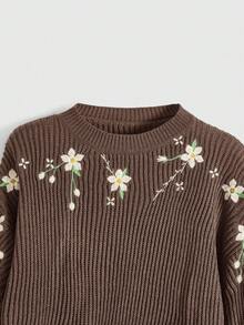 ROMWE Fairycore 大码女式休闲度假风花卉刺绣落肩宽松灯笼袖短款套头毛衣，秋冬款 - 棕色 - 查看 5