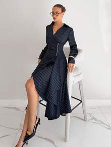 Siren Gaze Women's Women's Fashion Commuter Striped Wrap Asymmetric Hem Mid-Length Dress - Blue - View 8