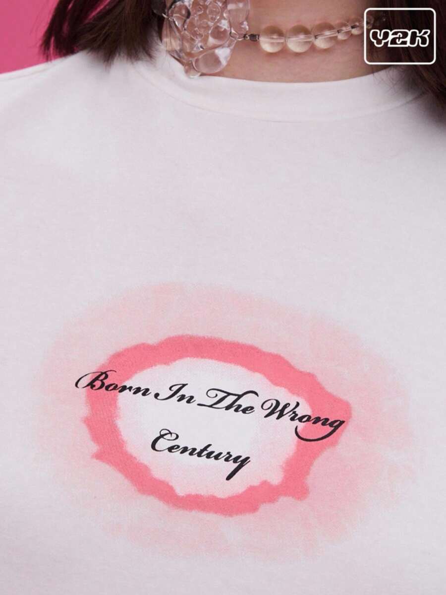 COUREZ Shrunken Short Sleeve Tee With Airbrush Print /Y2K  Women Clothes  Clothes Cute Tops Graphic Tees Going Out Top Spring Clothes - White - View 1