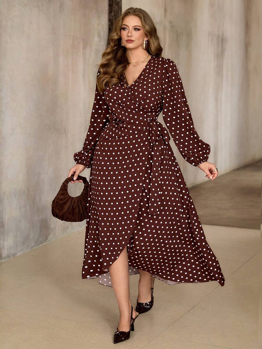 Roveilla 大码波点系带长袖梭织连衣裙，春夏款