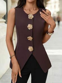 Editum Women's Sleeveless Vest Waistcoat, Brown Round Neck Rose Gold Metal Button, Elegant For Daily Wear, Commute, Autumn/Winter, Early Spring Dark Brown Top Women Sleeveless Tops Classy Top Tops For Women Elegant Business Casual Tops Woman