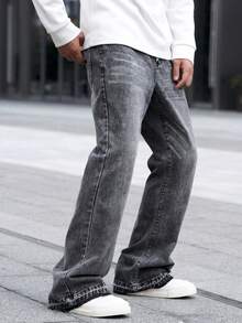 Manfinity Homme Męskie proste rozszerzane jeansy z prostymi nogawkami, swobodne do codziennego noszenia, długie rozszerzane jeansy z szerokimi nogawkami, ciemnoszare, sprane jeansy cargo z blokami kolorów, dla męża, prezenty dla chłopaka - Szary - Zobacz 5