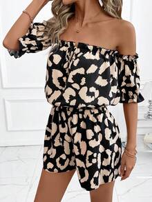 SHEIN Clasi Women's Leopard Print Off-Shoulder Tie Front Blouse And Shorts 2-Piece Set, Two Piece Set Women, Conjunto De 2 Piezas Para Mujer Elgante, Leopard Print - Multicolor - View 5