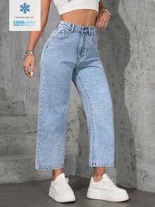 SHEIN ICON Quần jeans nữ cỡ lớn, dáng rộng, ống thẳng, màu xanh nhạt, không co giãn. - Rửa nhẹ - Xem 3