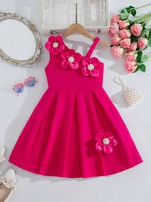 Đầm hè mới cho bé gái, kiểu dáng lệch vai, cổ và gấu váy họa tiết hoa, eo chun, thanh lịch và thời trang, màu hồng cánh sen. - Màu Hồng Tươi - Xem 1