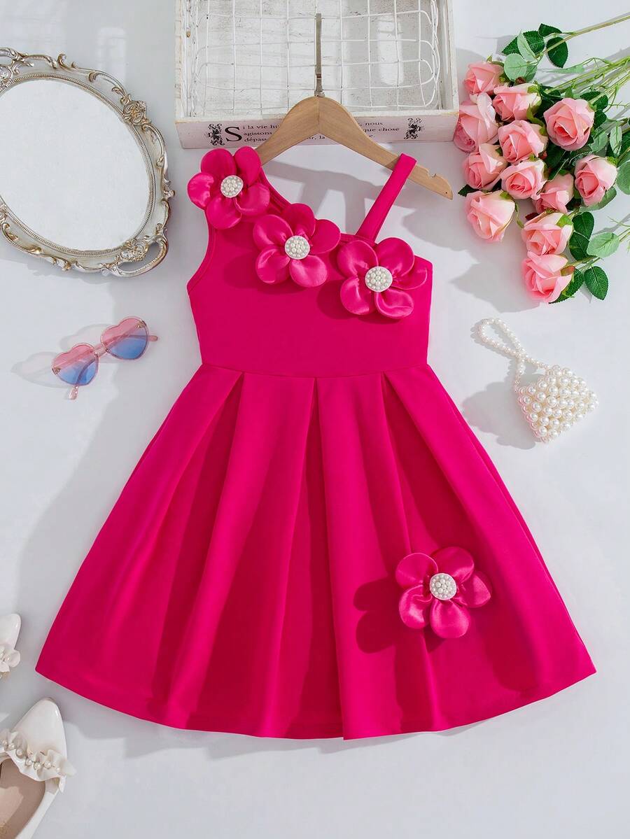 Đầm hè mới cho bé gái, kiểu dáng lệch vai, cổ và gấu váy họa tiết hoa, eo chun, thanh lịch và thời trang, màu hồng cánh sen. - Màu Hồng Tươi - Xem 1