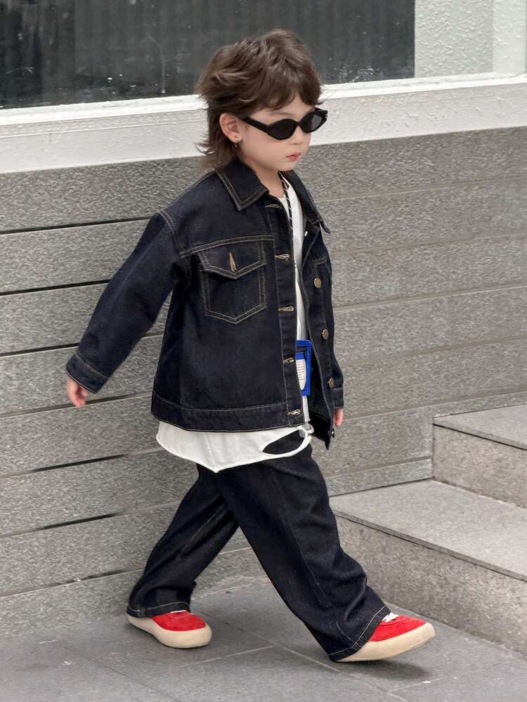 Toddler Boys' Solid Color Casual Long Sleeve Jacket And Jeans Set