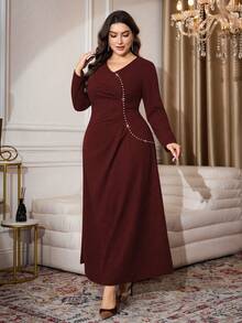 Modelyn Plus Size Coffee Long Sleeve Beaded Pleated Waist A-Line Elegant Dress - Burgundy - View 6