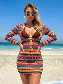 Zestiva Women's Multicolor Rainbow Dress,Red White And Blue Summer Boho Beach Party Holiday Elegant One-Piece Swimsuit Cover Up Resort Casual Clothes - Multicolor - View 2