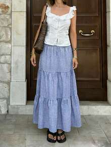 Pariaura 2026 New Arrival Blue White Plaid Maxi Skirt Women's Casual Commute Vacation Style Elastic Smocked High Waist Simple A-Line Long Skirts Blue Gingham Long Summer Skirt Picnic Outfit Women Gingham Skirt Checkered Skirt - Multicolor - View 4