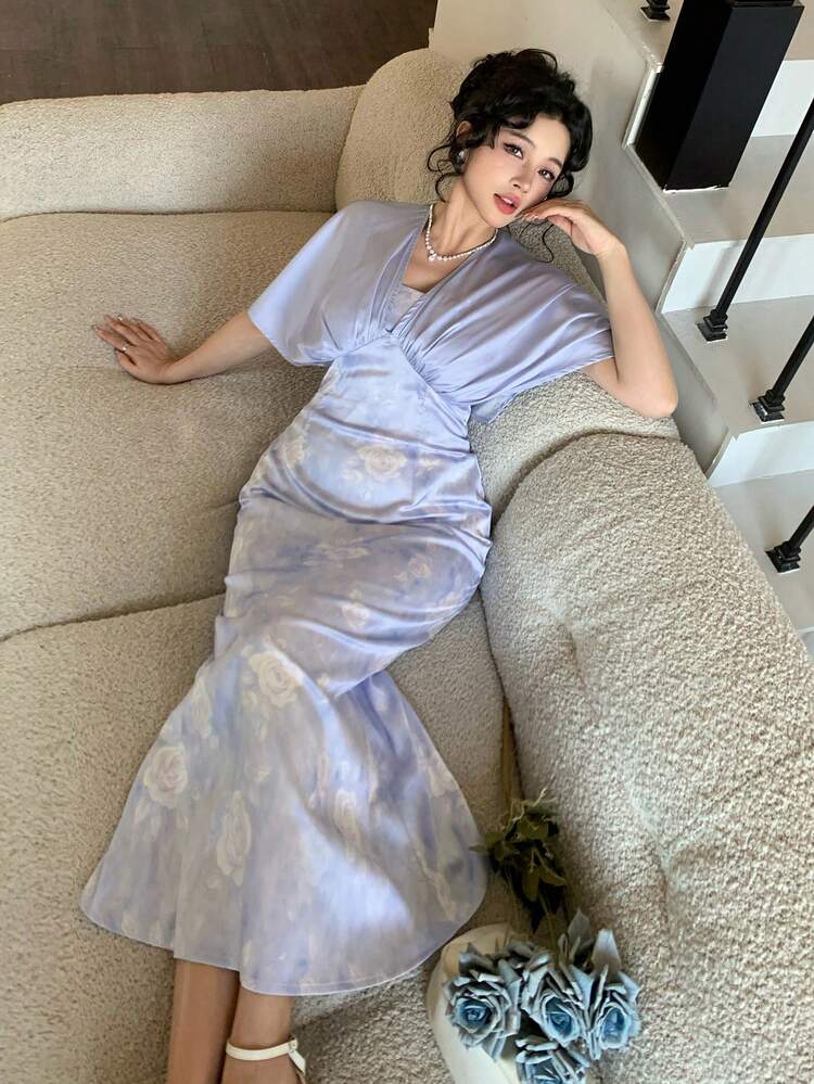 Women's Floral Jacquard Pleated Fitted Elegant Dress Sundress
