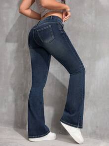 SHEIN ICON Plus Size Women Retro Elastic Fitted Flare Jeans, Versatile Cowgirl Rodeo Outfits - Blue - View 2