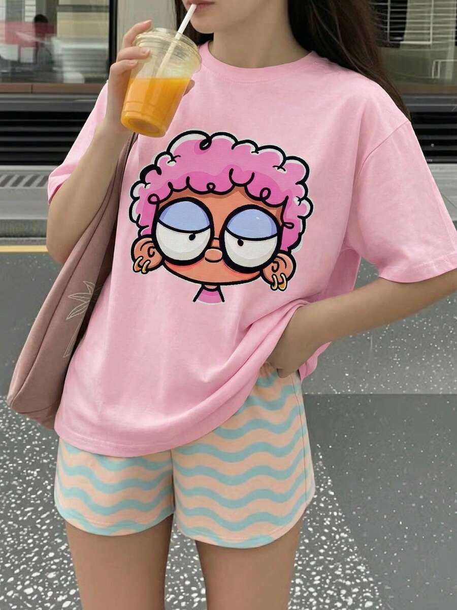 SHEIN Explorewe Teen Girl Cartoon Character Print Short Sleeve Top - Pink - View 1