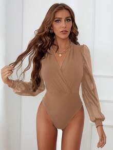 Chiquease Women's Surplice Neck Mesh Patchwork Lantern Sleeve Bodysuit, Fashionable For Spring, Summer, Autumn - Khaki - View 3