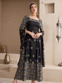 Al Najma Modest Women's Floral Pattern Square Neck Extra Long Sleeve Waist Tie Design Elegant Arabic Dress - Black - View 5